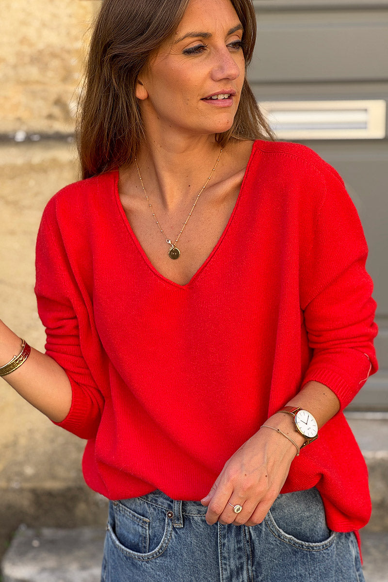 Rust Soft Basic V-neck Sweater