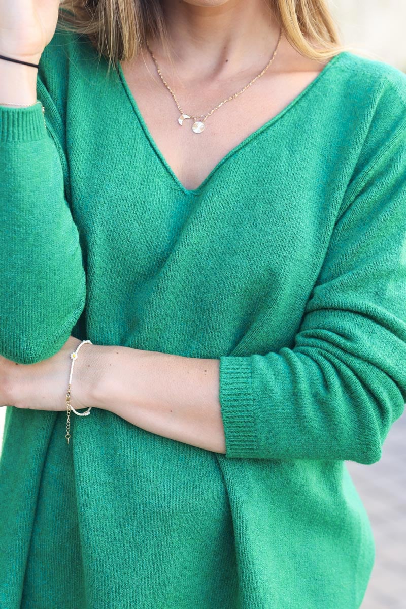 Pull basique tout doux vert col V D001 (1)