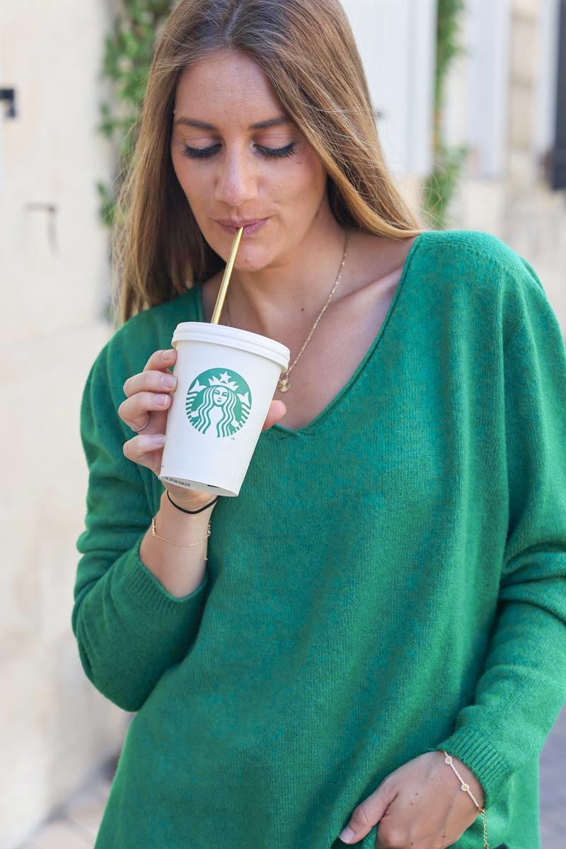 Pull basique tout doux vert col V D001 (1)