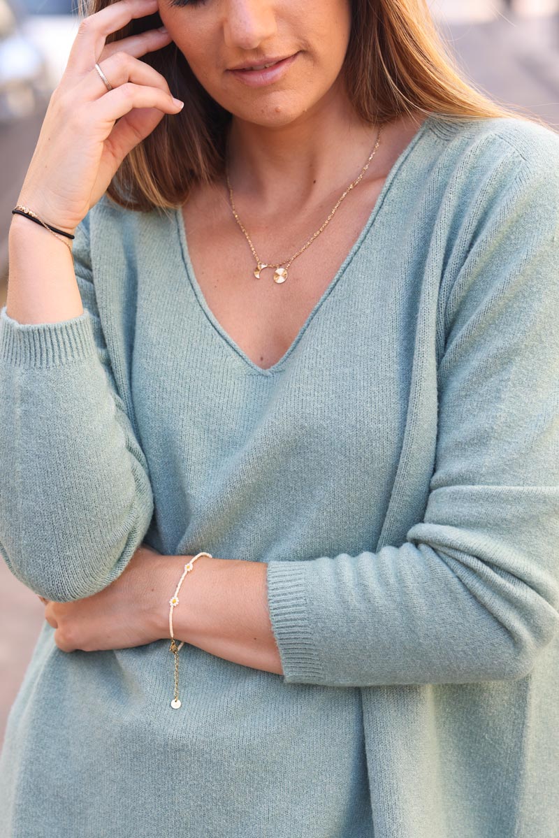 Pull basique vert céladon col V D001 (1)