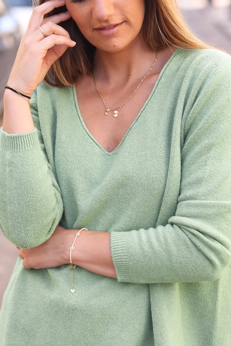 Celadon Green Soft Basic V-neck Sweater
