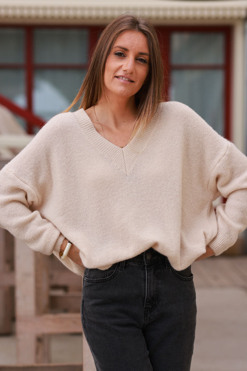 Jersey básico canalé cuello pico alpaca punto suave beige