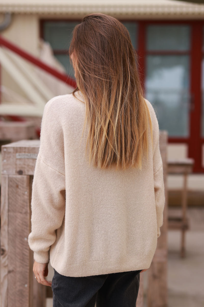 Jersey básico canalé cuello pico alpaca punto suave beige