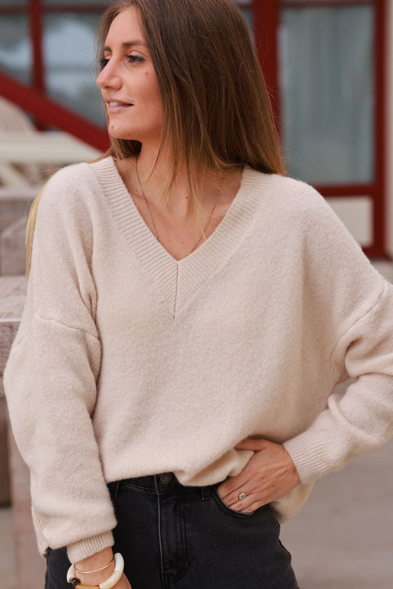 Jersey básico canalé cuello pico alpaca punto suave beige