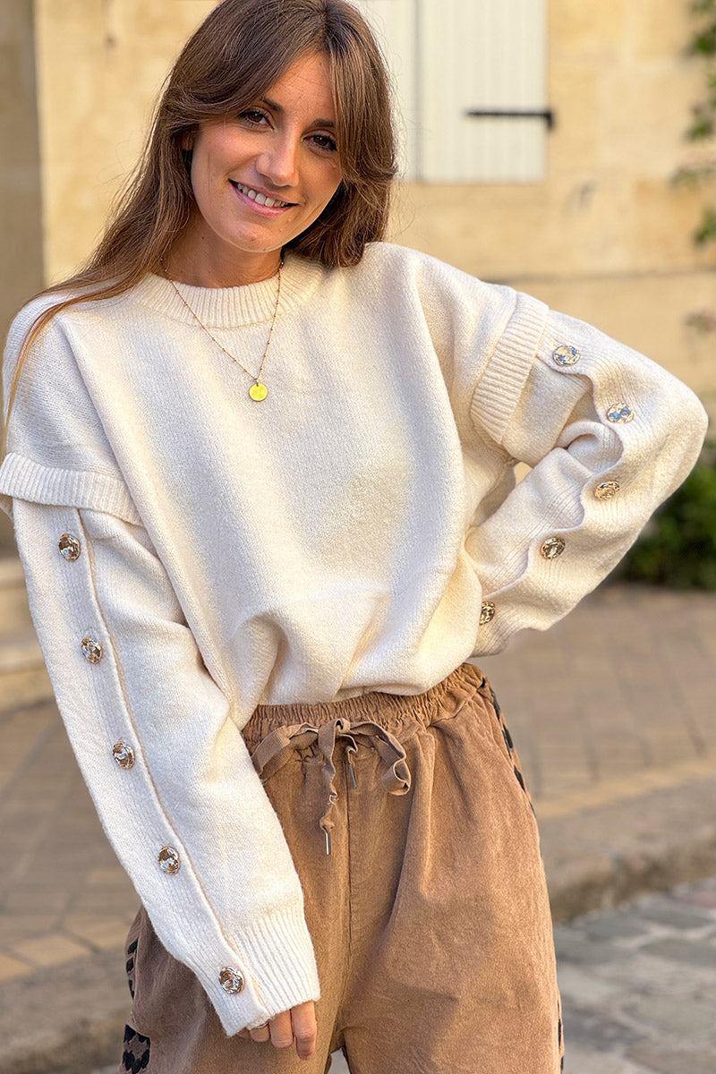 Cream Wool Blend Button-Sleeve Sweater