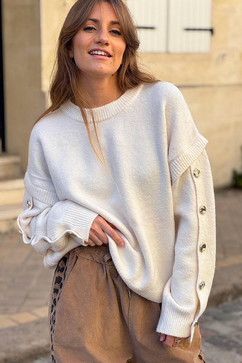 Cream Wool Blend Button-Sleeve Sweater