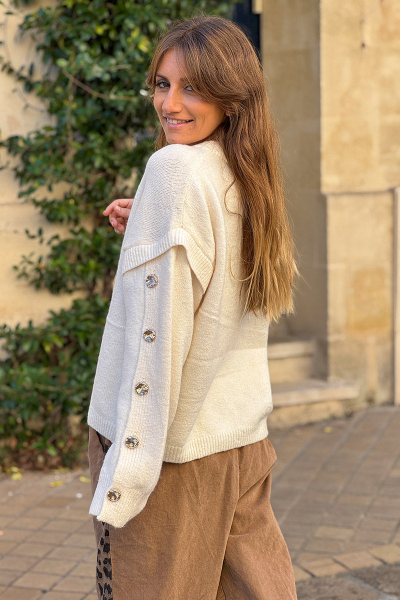 Cream Wool Blend Button-Sleeve Sweater