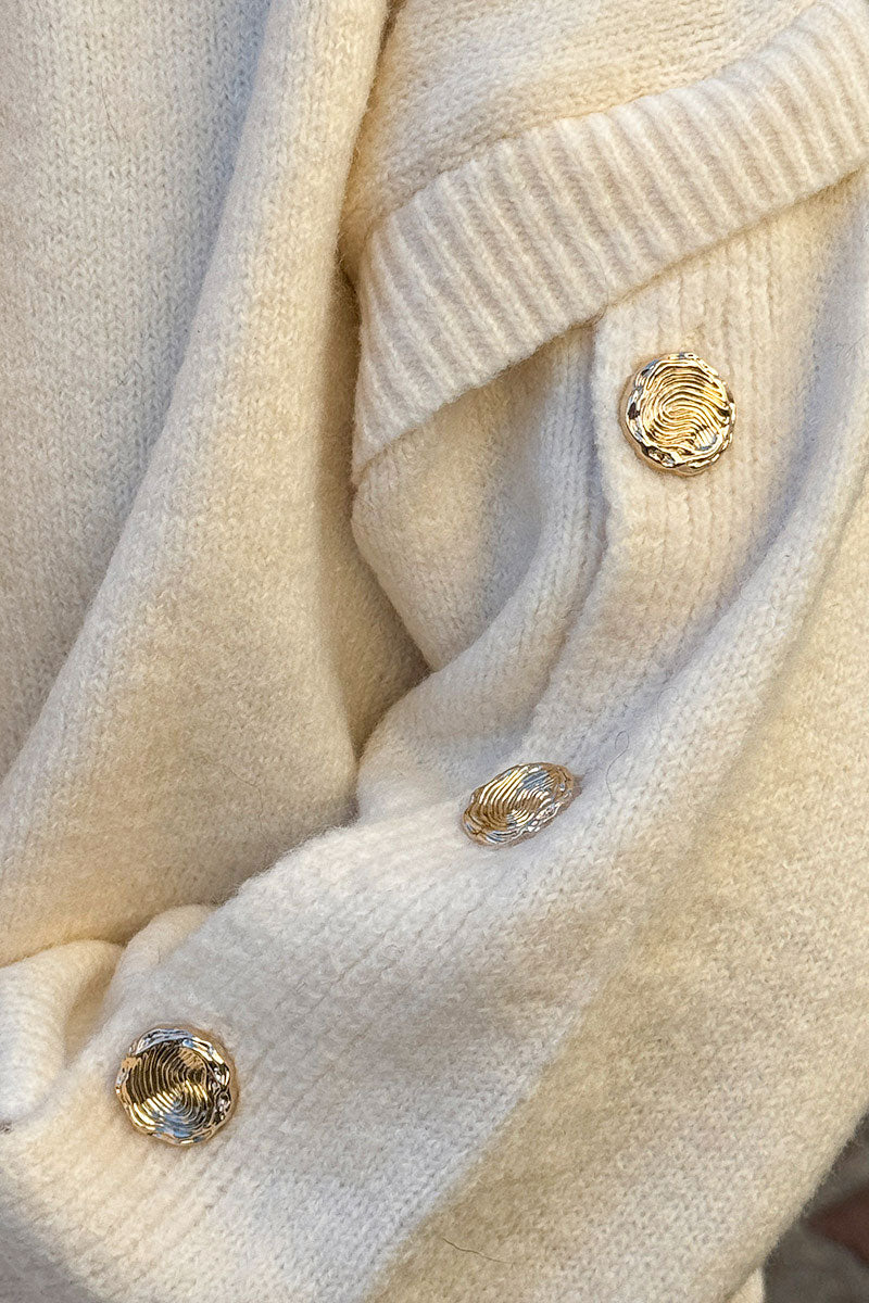 Cream Wool Blend Button-Sleeve Sweater