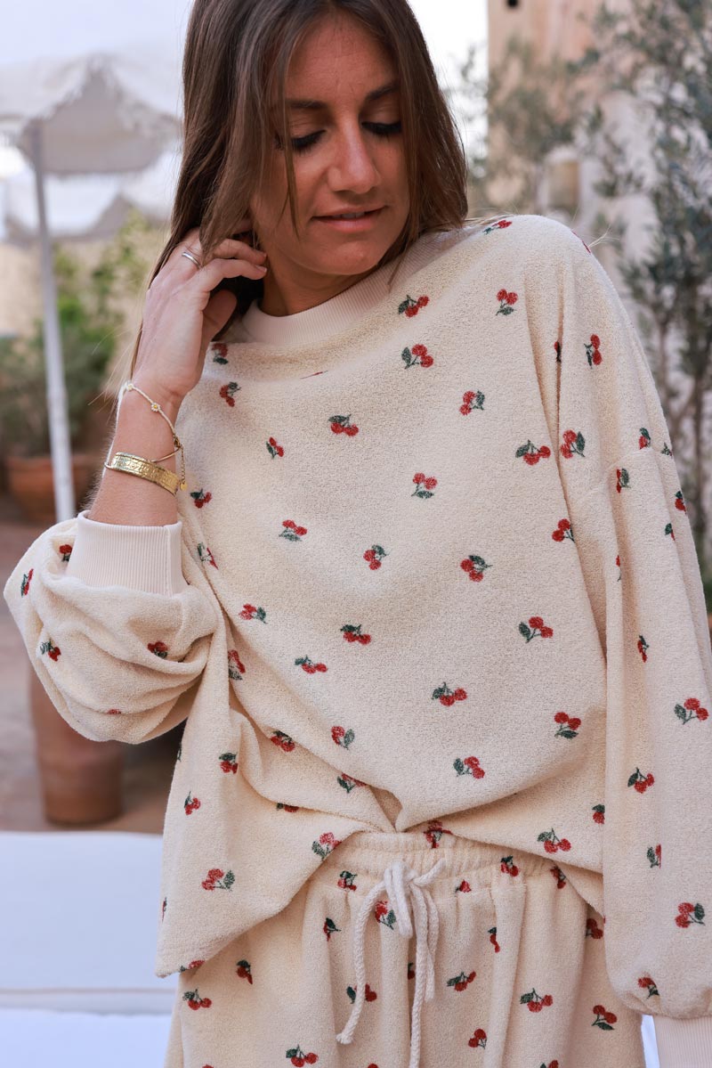 Cream Cherry Print Casual Terry Sweater