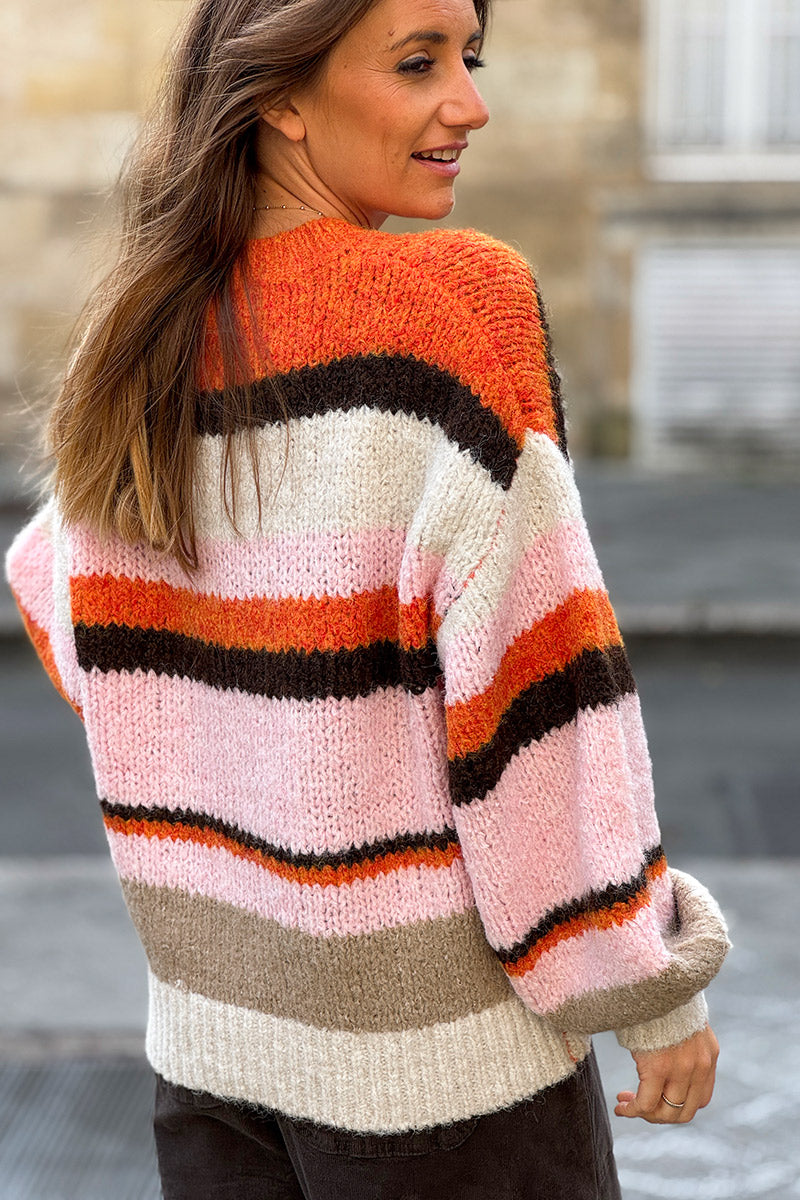 Pull beige en grosse maille rayures roses et orange col rond