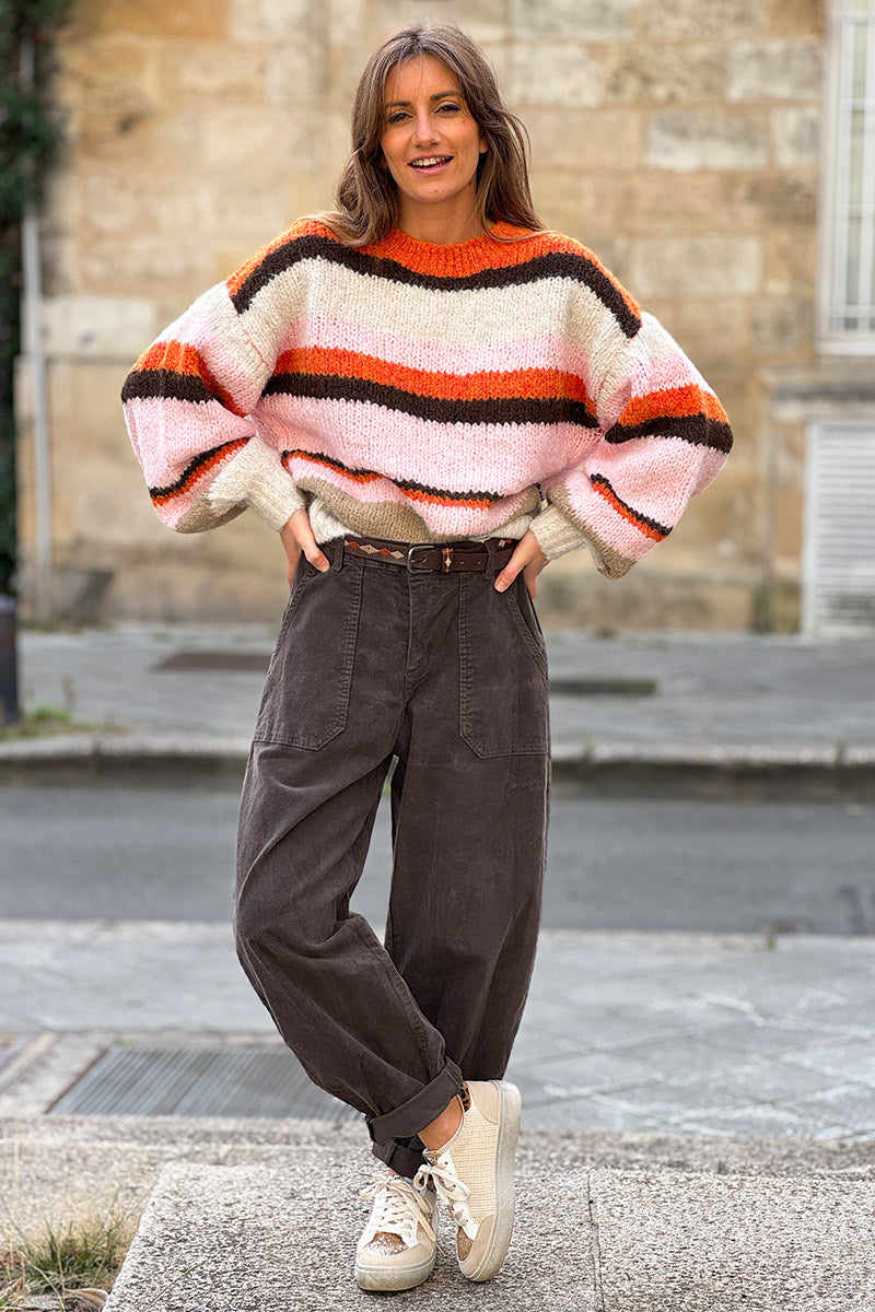 Pull beige en grosse maille rayures roses et orange col rond