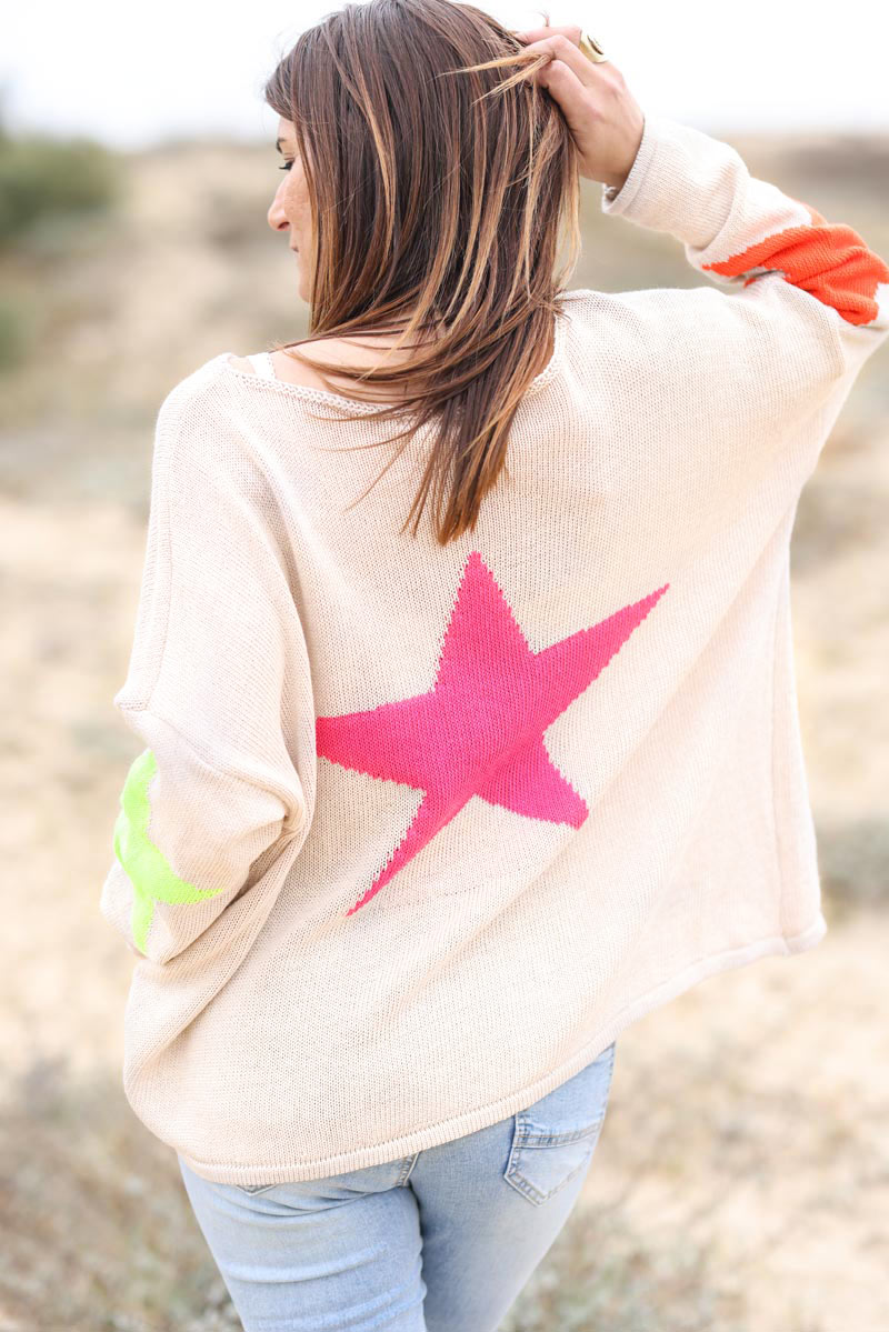 Pull beige en maille coton étoiles colorées dos et manches
