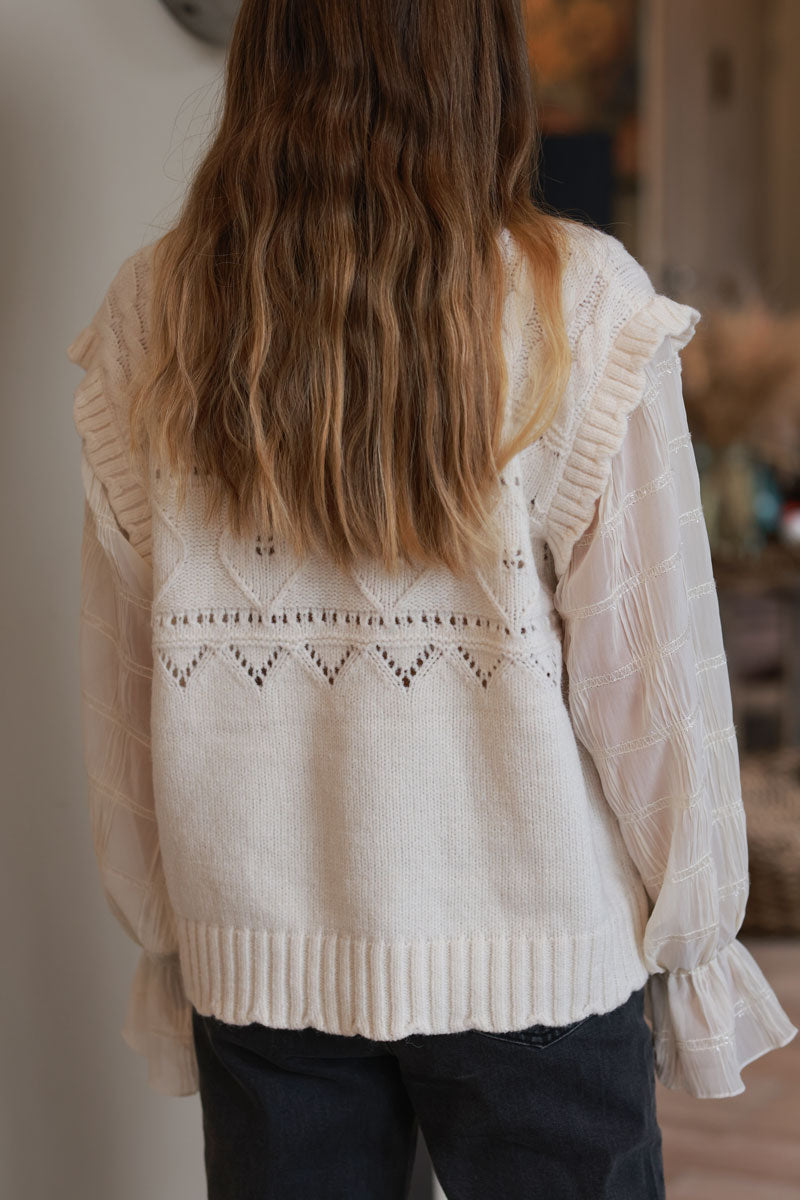 Cream Pointelle Knit Sweater Vest Blouse