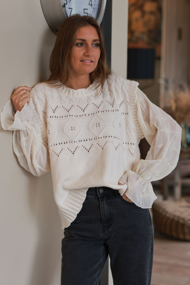 Cream Pointelle Knit Sweater Vest Blouse
