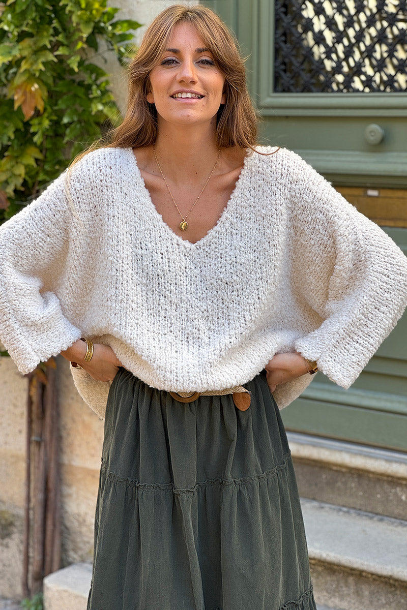 Pull beige grosse maille bouclettes Alpaga manches chauve souris col v