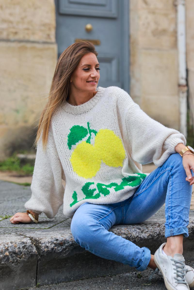 Beige chunky knit jumper with lemon pattern
