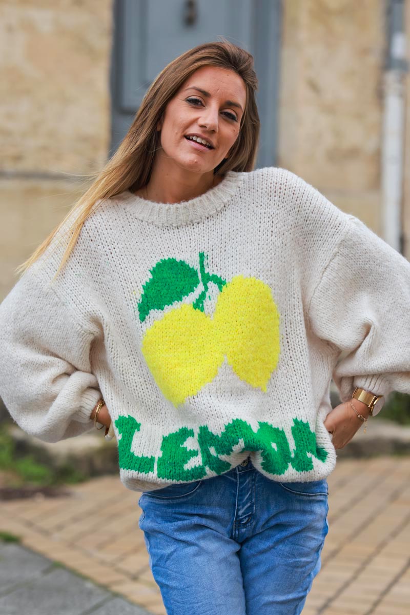 Beige chunky knit jumper with lemon pattern