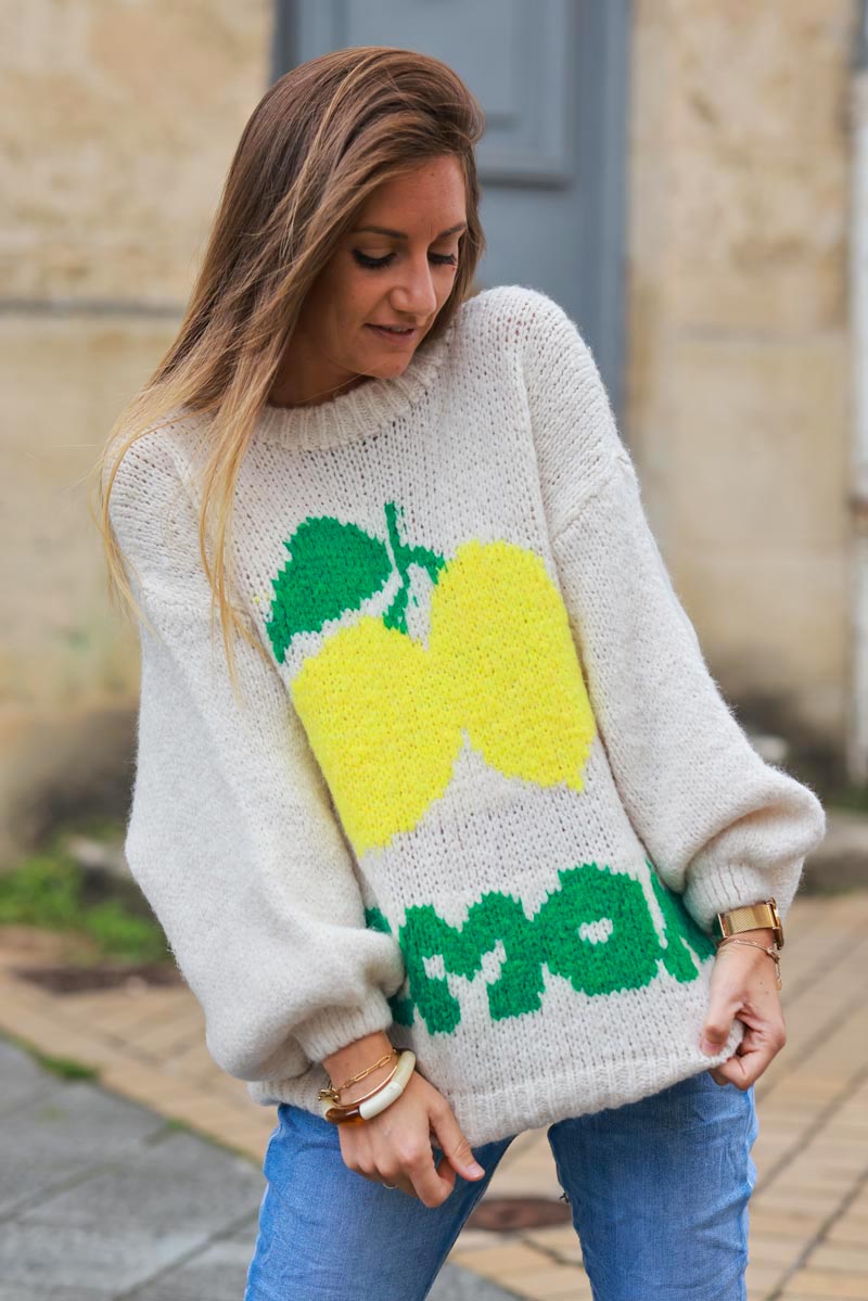 Beige chunky knit jumper with lemon pattern