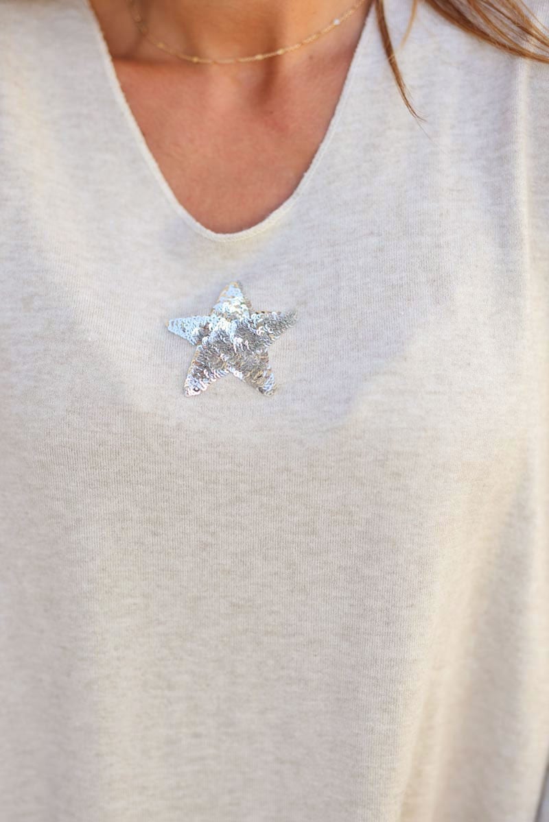 Pull beige léger col v petite étoile sequins vêtement femme C176