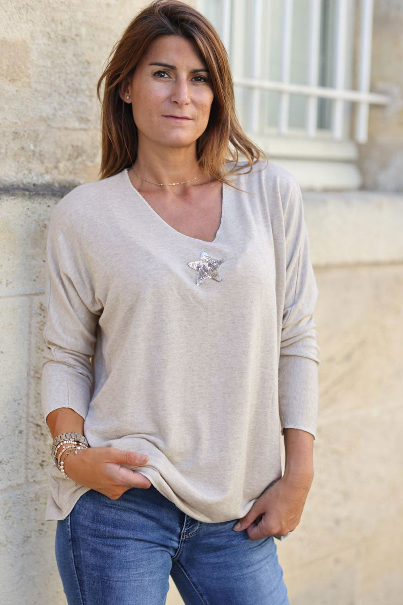 Pull beige léger col v petite étoile sequins vêtement femme C176