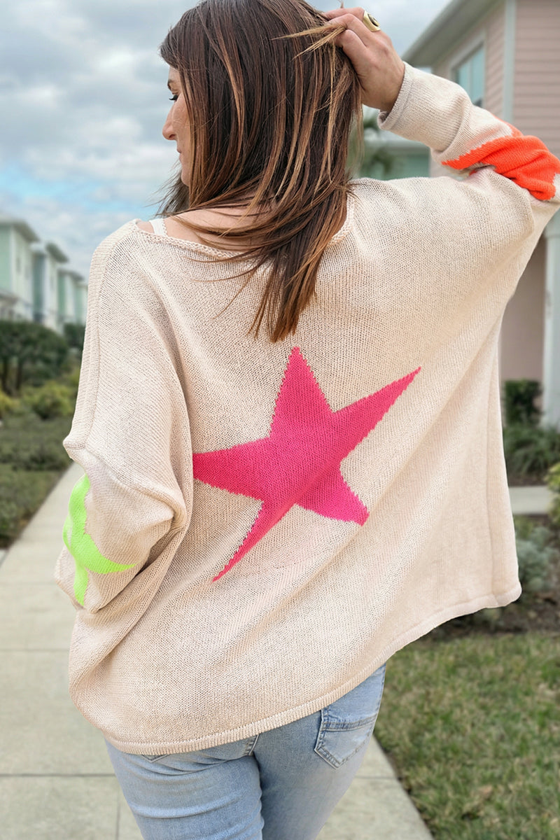 Pull beige en maille coton étoiles colorées dos et manches