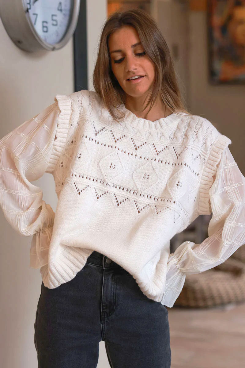 Cream Pointelle Knit Sweater Vest Blouse