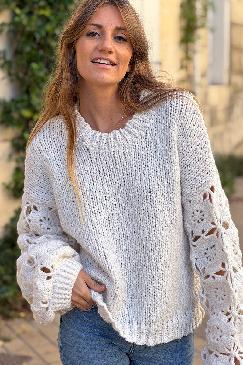 Cream Lace Crochet Sleeve Sweater