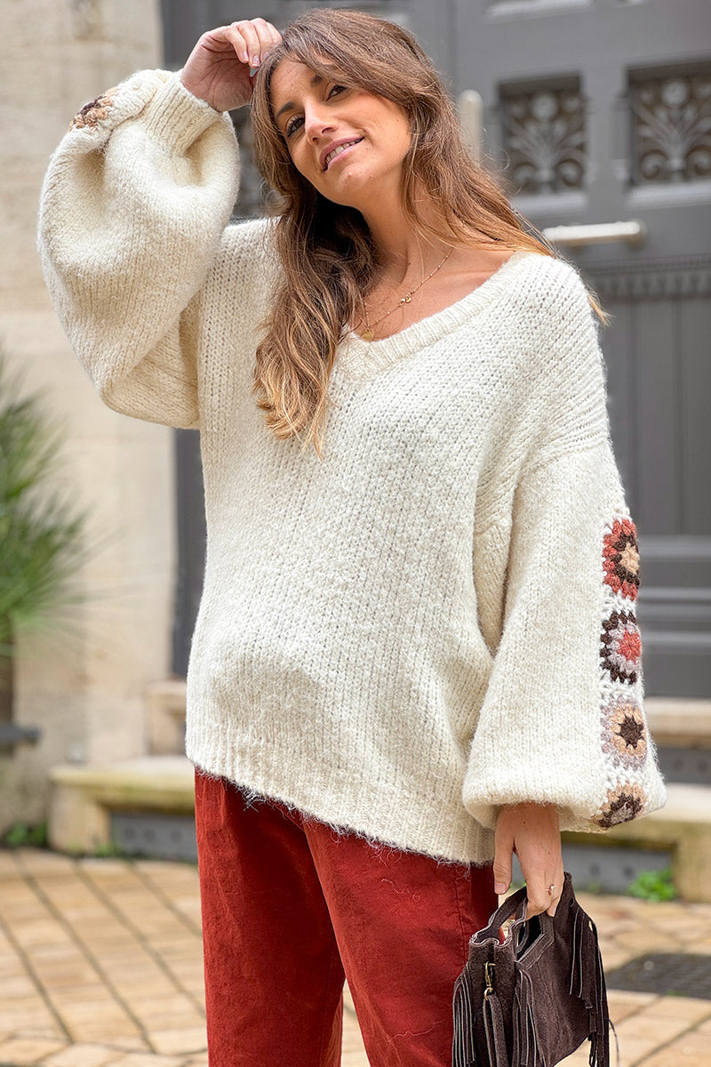Cream Wool Blend Sweater with Crochet Square Sleeves