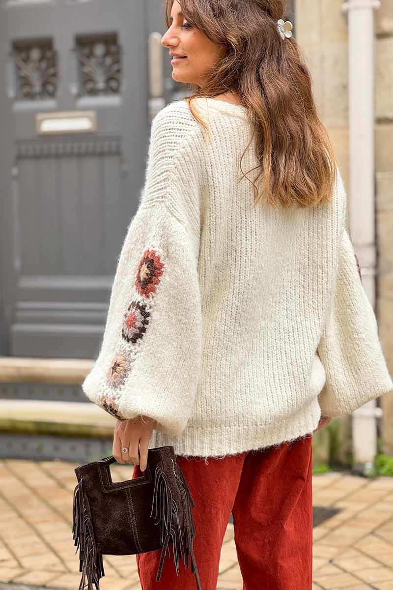 Cream Wool Blend Sweater with Crochet Square Sleeves