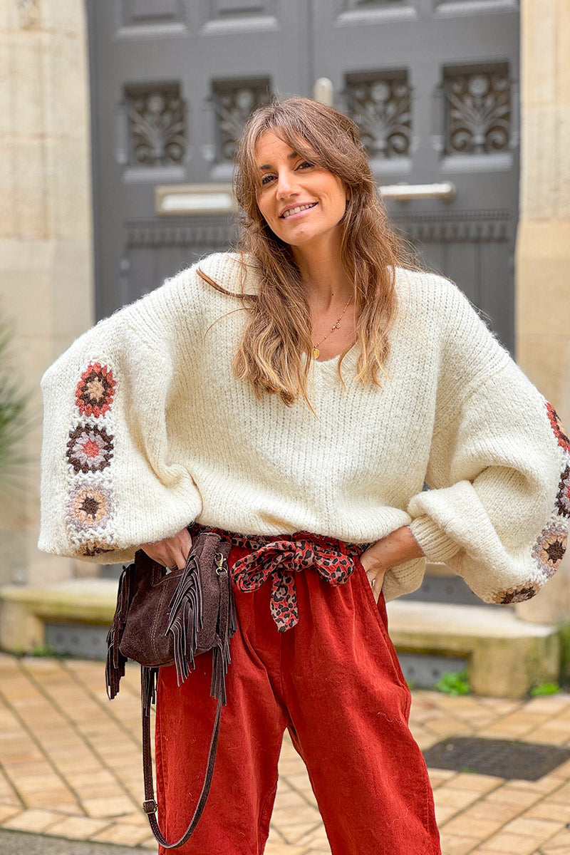 Cream Wool Blend Sweater with Crochet Square Sleeves