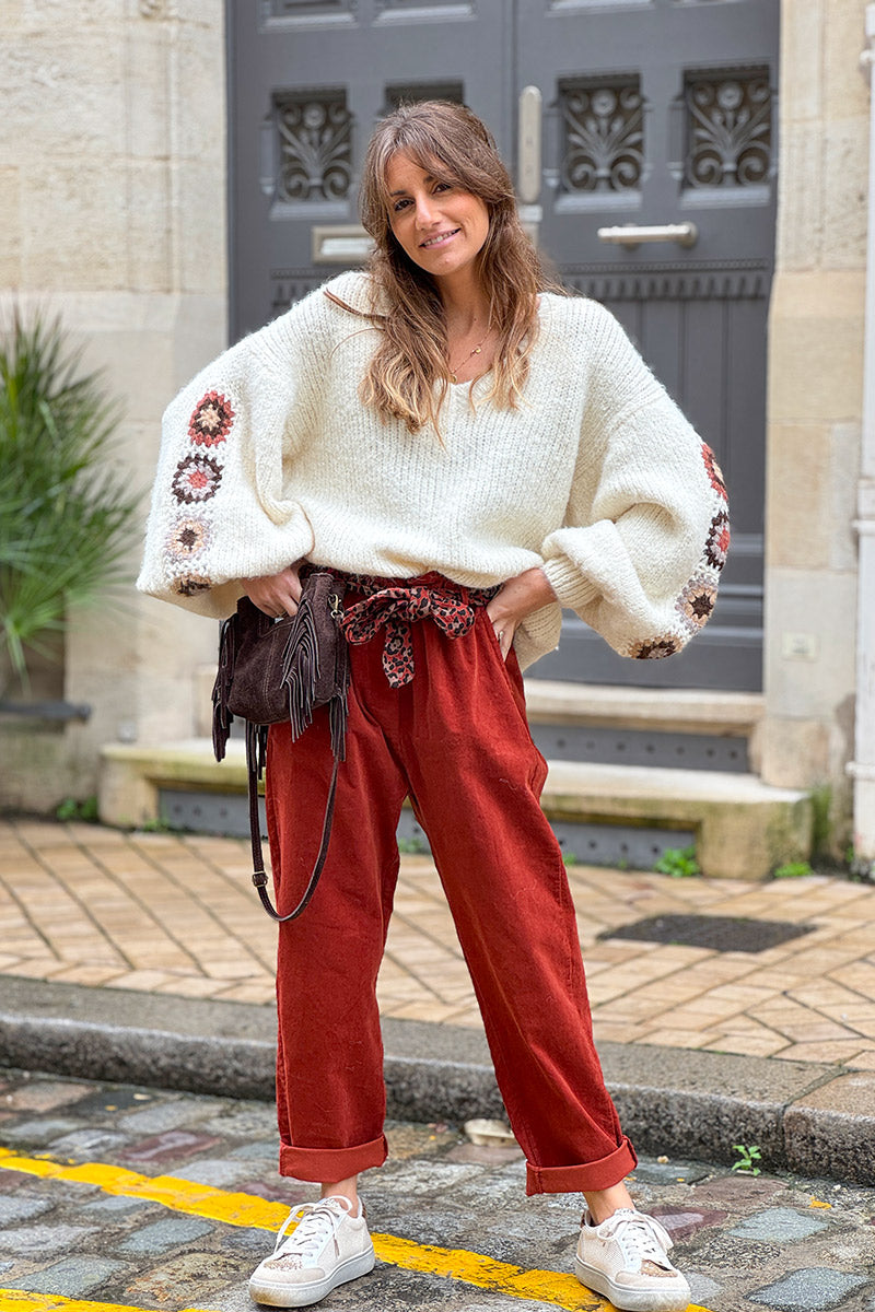 Cream Wool Blend Sweater with Crochet Square Sleeves