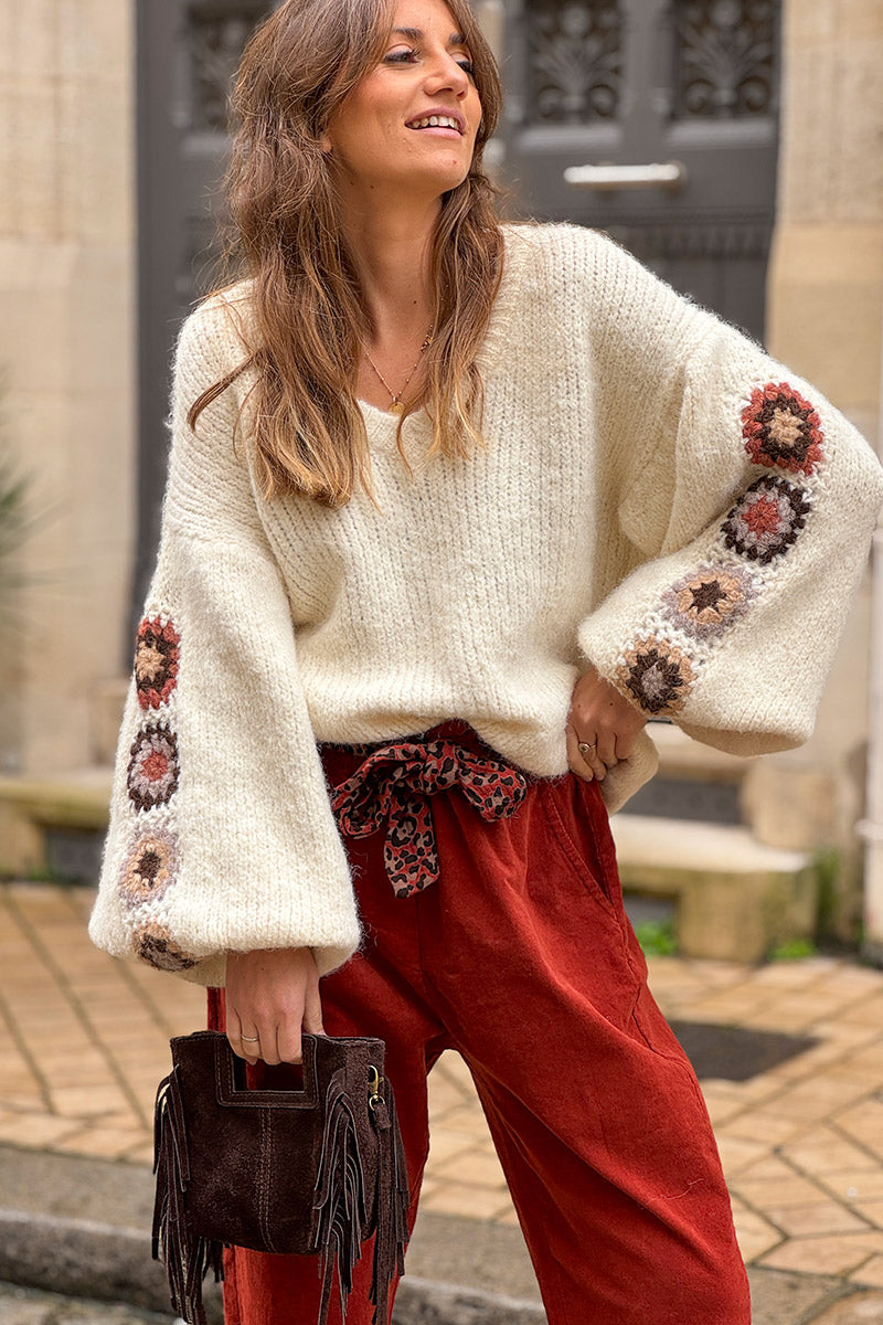 Cream Wool Blend Sweater with Crochet Square Sleeves