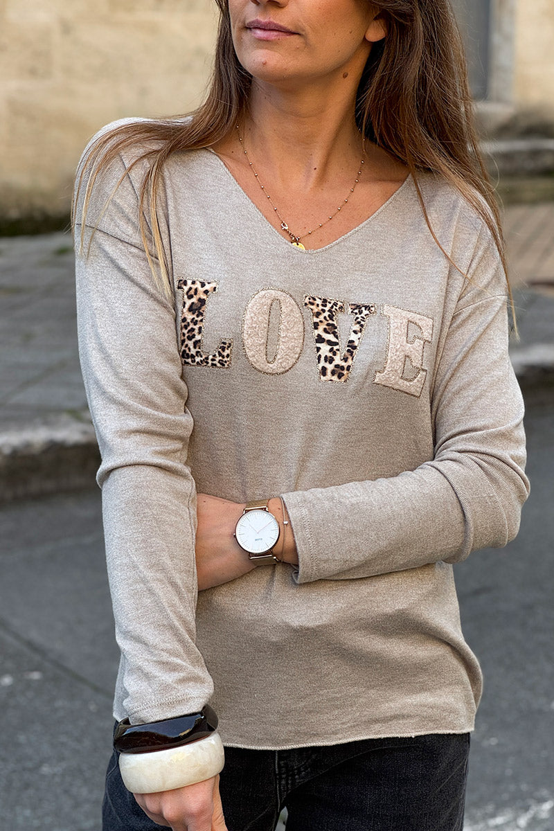 Beige LOVE Leopard Applique V-Neck Long-Sleeve Tee