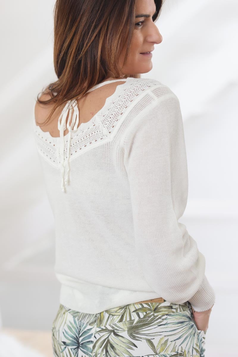 Pull blanc casse en petite maille coton cols en crochet g027 (8)