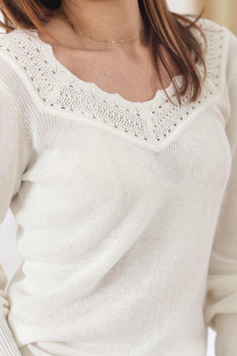 Pull blanc casse en petite maille coton cols en crochet g027 (8)