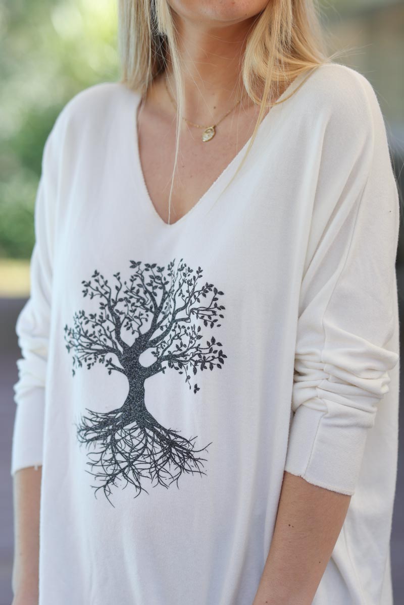 Pull blanc cassé jersey arbre de vie brillant