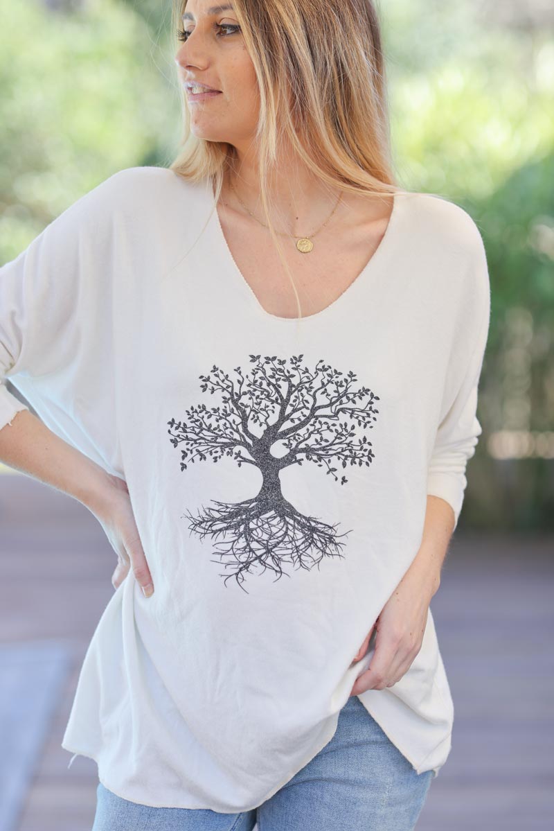 Pull blanc cassé jersey arbre de vie brillant