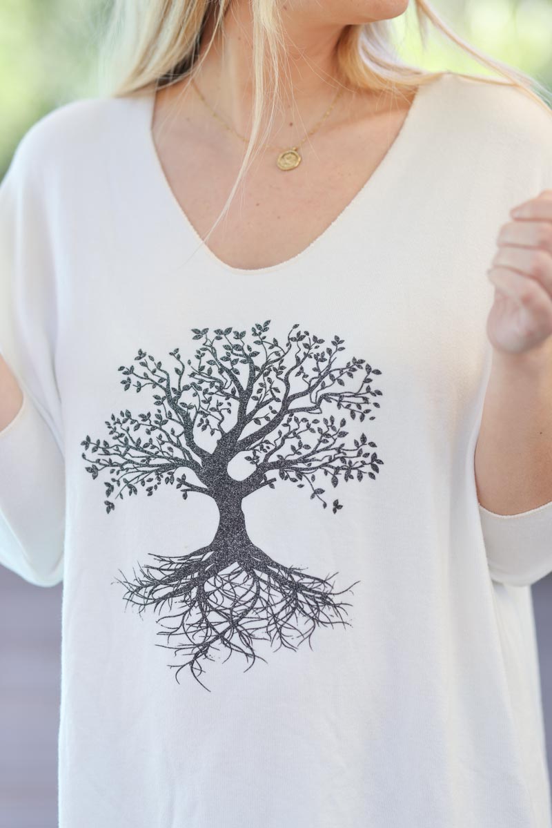 Pull blanc cassé jersey arbre de vie brillant