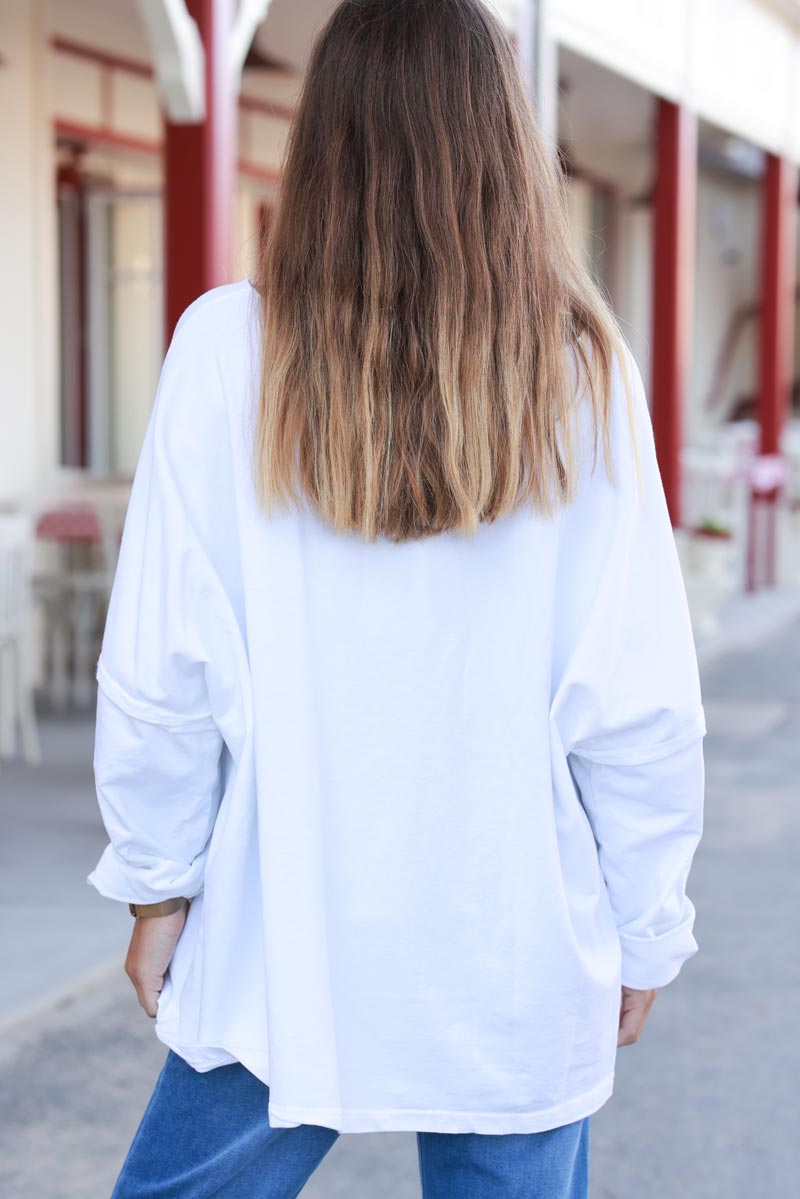 White Stretch Knit Long-Sleeve Slouchy Tee