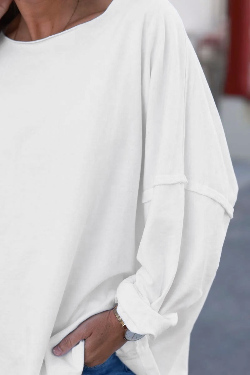 White Stretch Knit Long-Sleeve Slouchy Tee