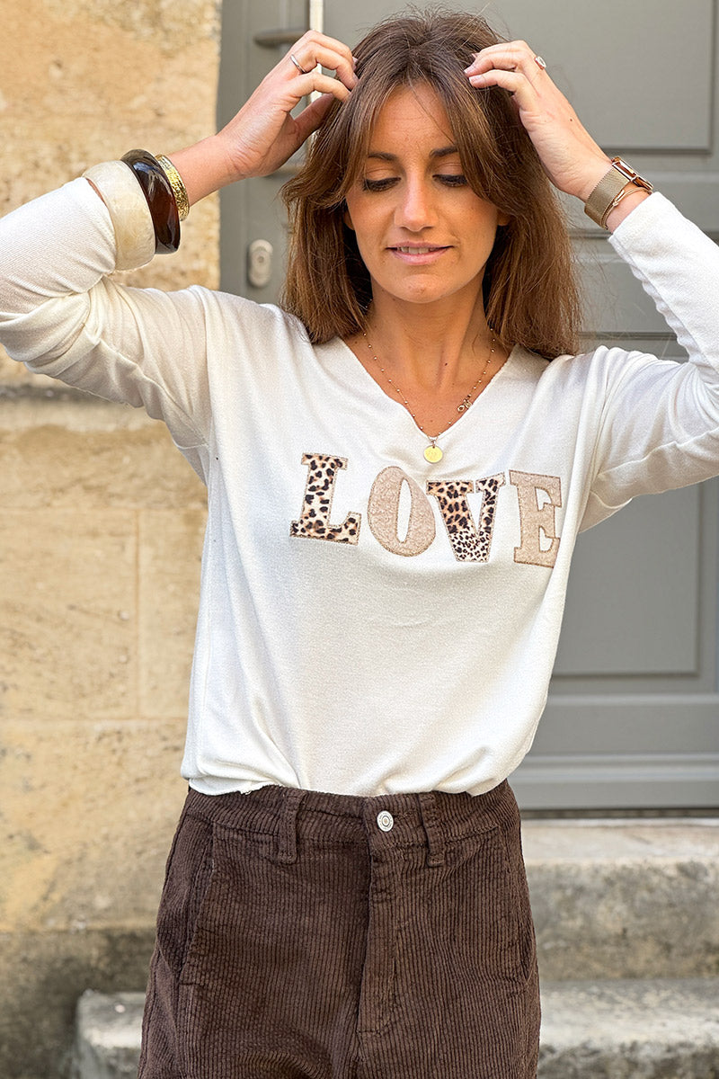 Off-White LOVE Leopard Applique V-Neck Long-Sleeve Tee