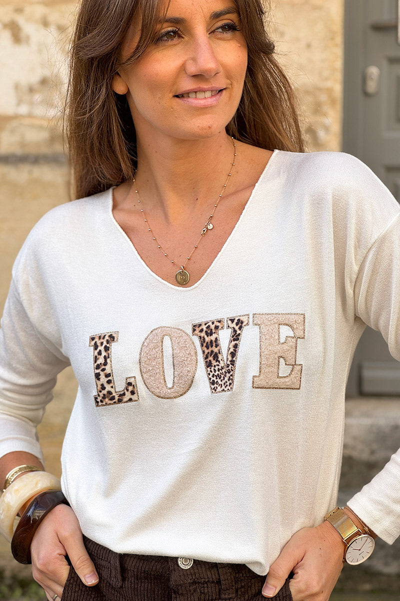 Off-White LOVE Leopard Applique V-Neck Long-Sleeve Tee