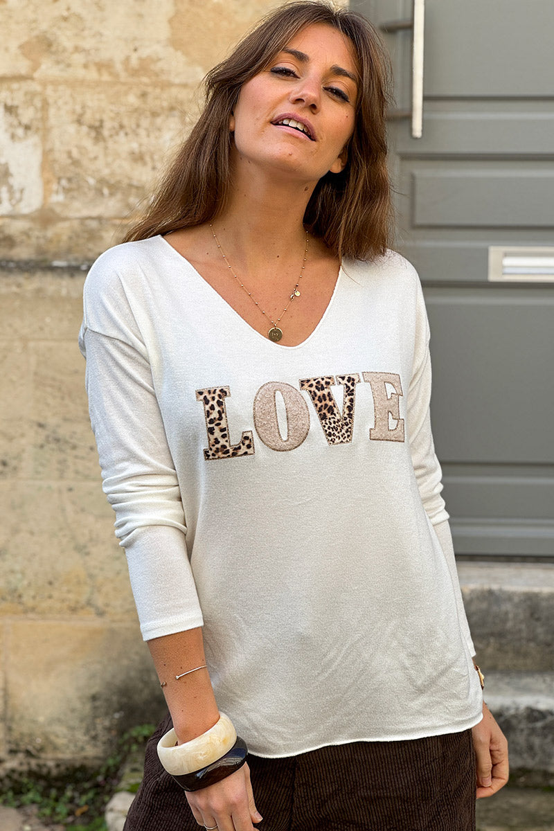 Off-White LOVE Leopard Applique V-Neck Long-Sleeve Tee