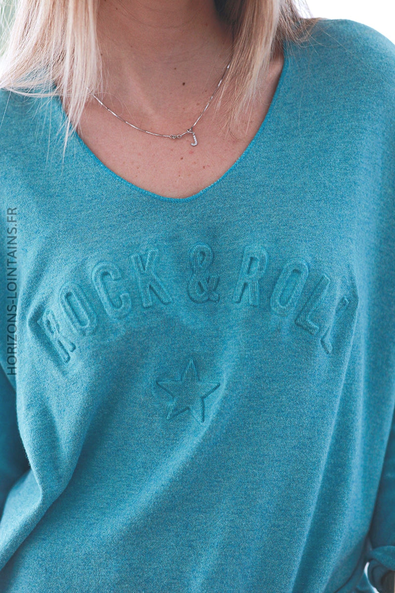 Pull bleu indien col v rock and roll relief D182 (1)