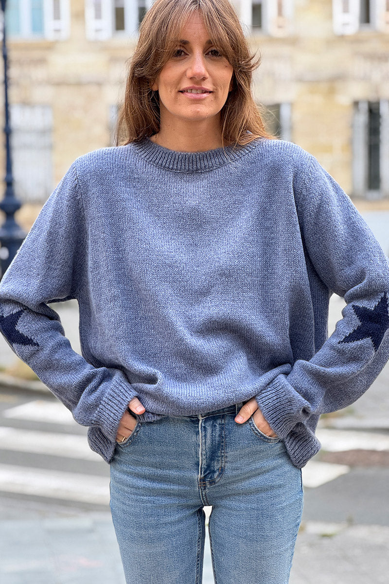 Dusty Blue Star Sleeve Knit Sweater
