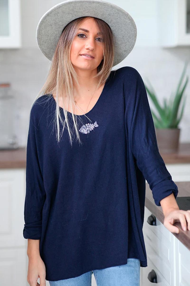 Navy blue v-neck sequin fishbone sweater