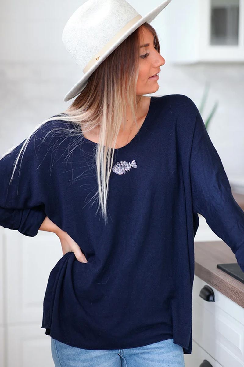 Navy blue v-neck sequin fishbone sweater
