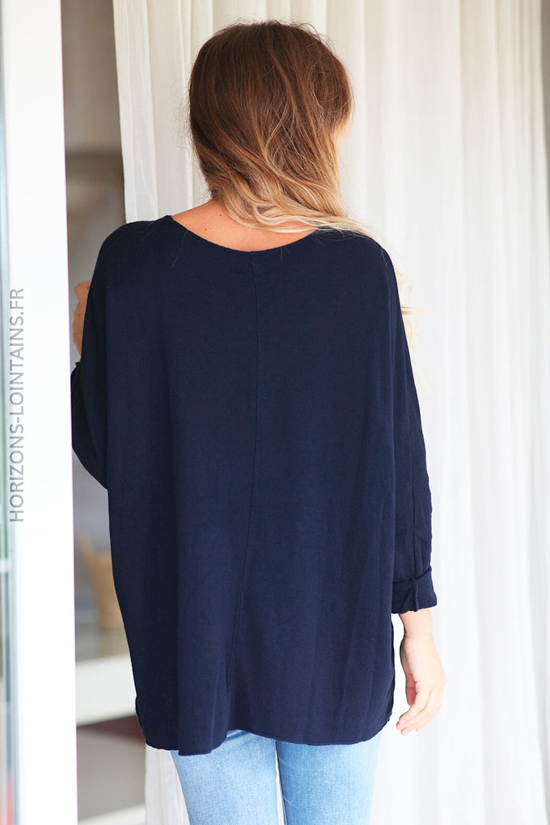 Pull bleu marine col v rock and roll relief D182 (1)