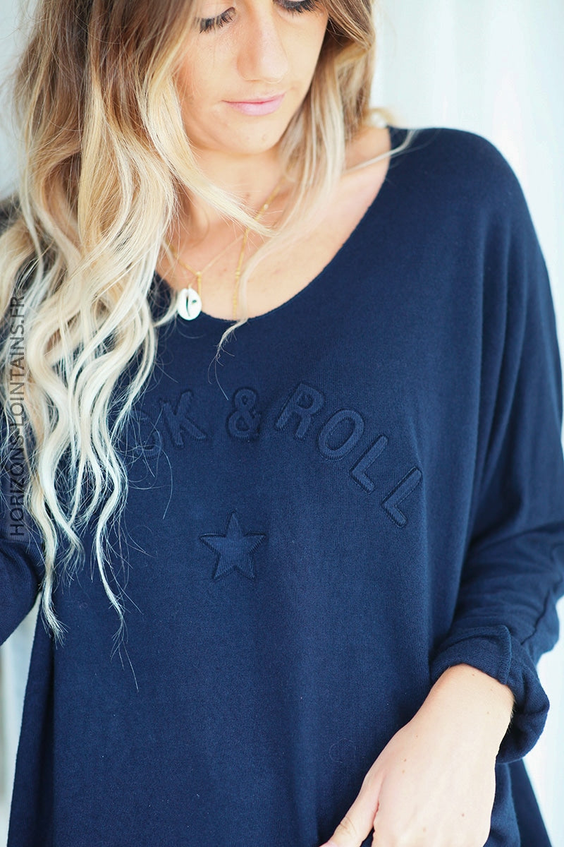 Pull bleu marine col v rock and roll relief D182 (1)