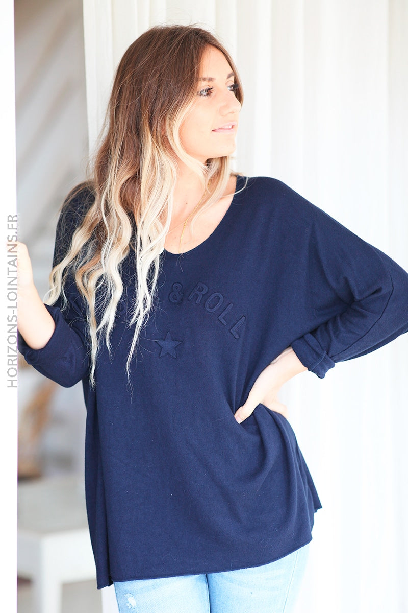 Pull bleu marine col v rock and roll relief D182 (1)